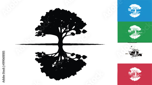 Silhouette Reflection of Tree: A minimalistic graphic design featuring a stylized tree and its reflection, the image emphasizes simplicity, balance, and harmony with four color variations.