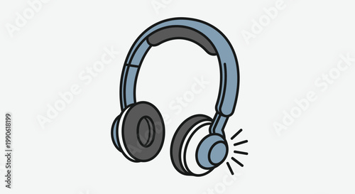 A blue and gray cartoonish headset with sound waves emanating from one earcup