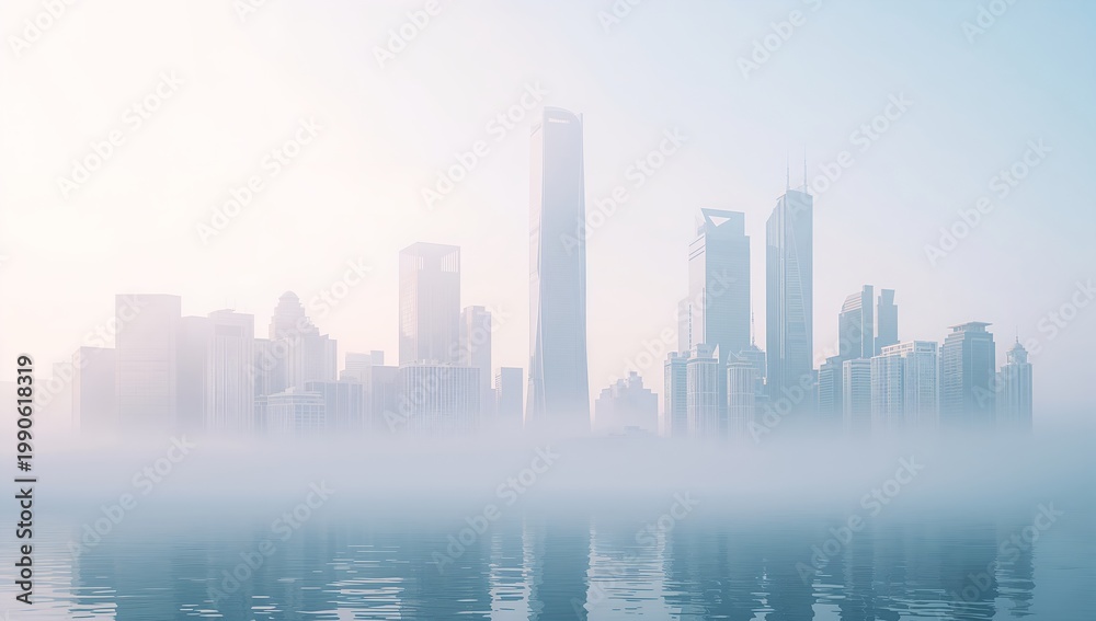 Fototapeta premium Cityscape enveloped in a hazy atmosphere, creating a dreamy and ethereal ambience, reflecting on the water below.
