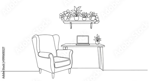 Wingback chair with laptop on desk.