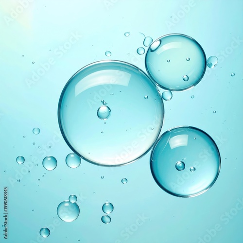 A close-up shot showcases a mesmerizing arrangement of shimmering, translucent spheres suspended in a light blue liquid, creating an abstract and ethereal visual effect.