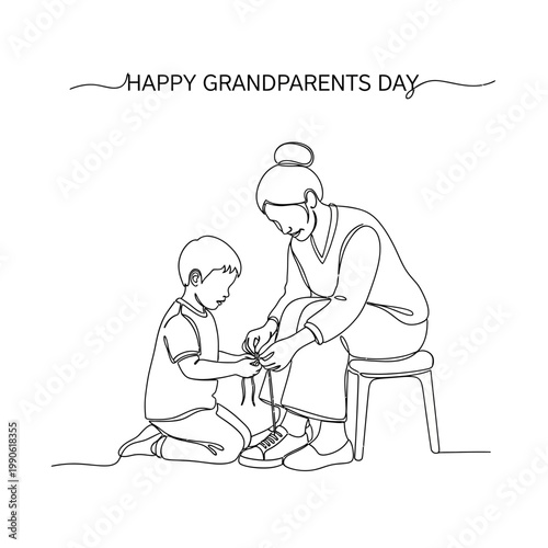 Woman and child tie shoelaces together.