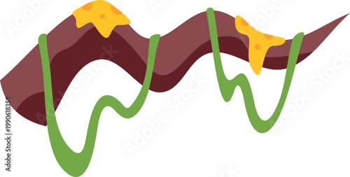 Cartoon tree branch with green lianas and yellow fungi growing on a white background