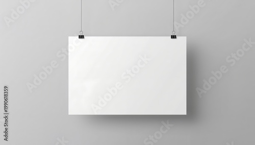 Blank rectangular poster hanged on wall by paper clips, creating a minimalist and clean aesthetic