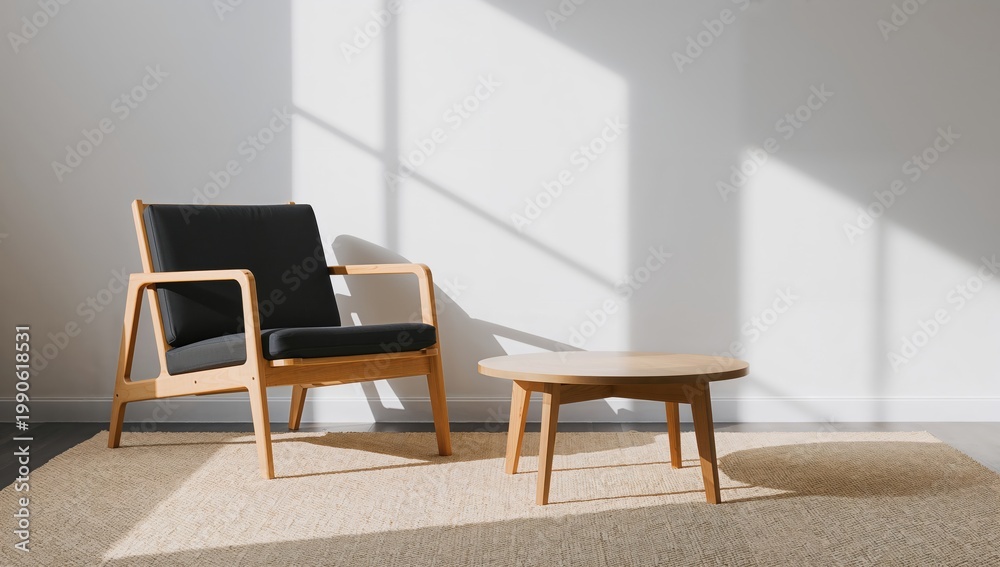Fototapeta premium Aesthetic minimalism concept with chair and table placed in sunlit room, soft shadows and neutral palette creating calm and modern interior design composition