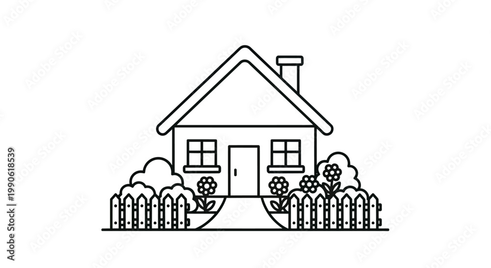 Fototapeta premium Simple house with picket fence, garden path, and blooming flowers