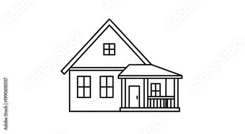 Black outline of a house with a porch, roof, and windows