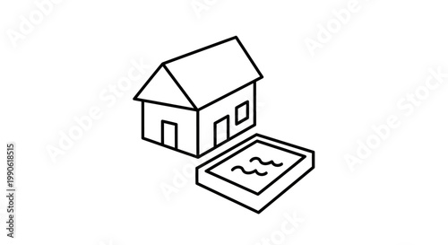 Isometric outline drawing of a house with a swimming pool