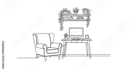 A chair beside a desk with laptop.