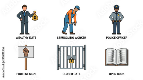 Flat Vector Icons of Social Concepts: Wealth, Labor, Law Enforcement, Protest, Restriction, and Education
