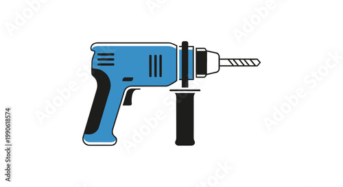 Blue and black power drill with side handle and drill bit attached