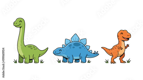 Cute Cartoon Dinosaurs Set: Happy Brontosaurus, Stegosaurus, and T-Rex Illustration