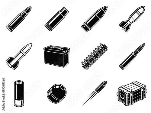 Ammunition and projectile glyph icon set with bullets, missiles, rockets, shells, ammo box, cartridges, and military ordnance symbols