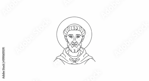Minimalist line drawing of a saint with halo, a serene religious icon capturing quiet devotion in a simple sketch