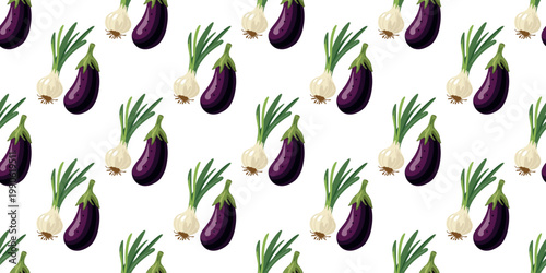 organic eggplant and onion seamless pattern on white background