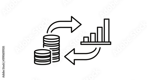 Stacks of coins beside a bar graph with reciprocal arrows