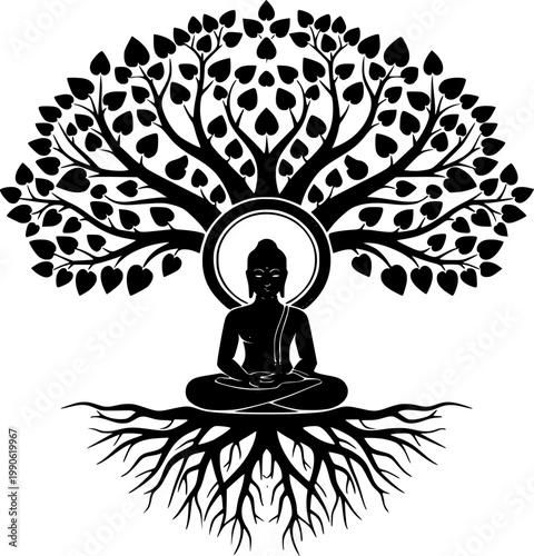 Buddha Meditation Tree of Life Silhouette with Roots and Leaves Spiritual Zen Illustration