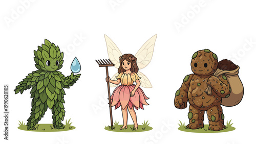 Cute Fantasy Garden Characters: Leaf Creature, Fairy with Rake, Earth Golem with Soil. Whimsical Nature Helpers Vector