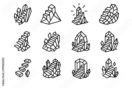 Surreal Crystal Staircases. Surreal crystalline staircases. Line outline icon set of surreal crystalline
