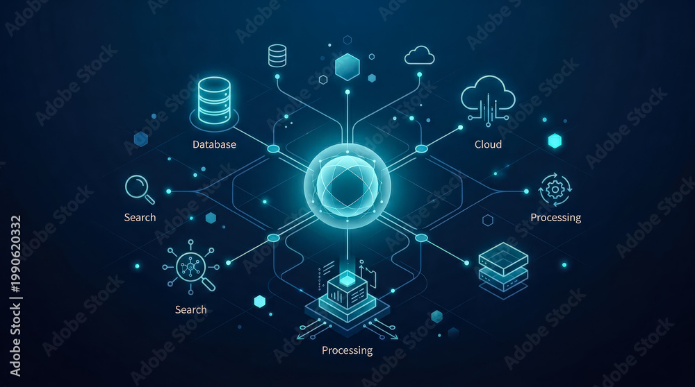 Fototapeta premium Abstract Digital Network Concept Featuring Centralized Data Processing and Cloud Connectivity
