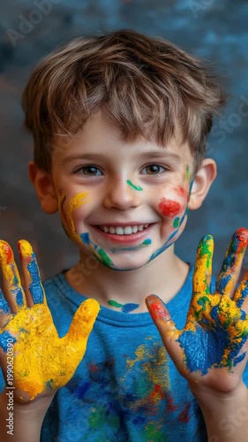 Young boy with hands full of paint