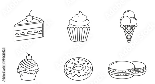 Collection of Sweet Dessert Icons in Outline Style.