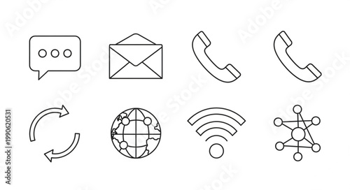 Collection of communication and technology icons in a simple line art style.