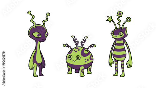 Cute Cartoon Alien Characters Set. Whimsical Green and Purple Extraterrestrial Beings Illustration.
