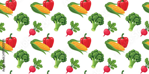 natural farm vegetables pattern corn bell pepper radish broccoli repeating texture white background