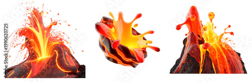 Realistic volcano eruptions with glowing lava splashes isolated on transparent background
