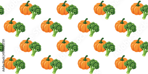 natural farm vegetables pattern pumpkin broccoli repeating texture white background