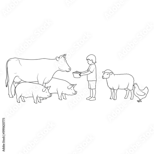 Child feeding farm animals outdoors.