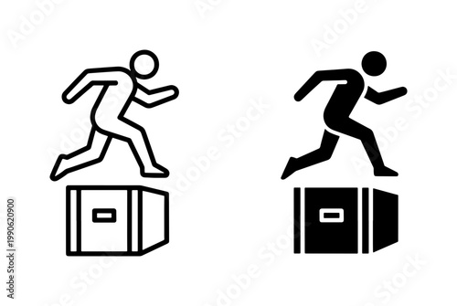 Running person jumping over box icon set