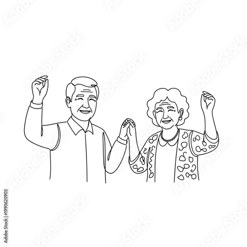 Elderly couple celebrating with fists raised.