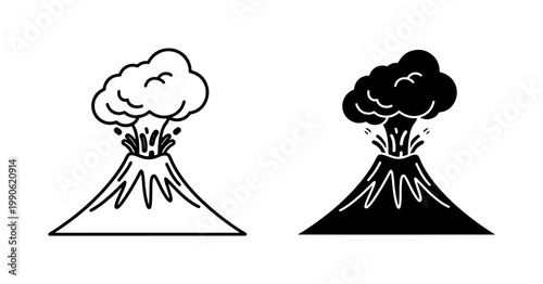 Volcano Eruption Icon Set with Smoke and Lava
