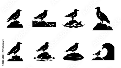 Seagull silhouette icons set, black sea bird standing on rocks and ocean waves, coastal wildlife vector collection for nautical branding