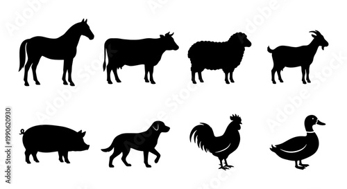 Farm animal silhouette collection, set of 8 livestock vector icons, black domestic animals including horse cow pig and sheep on white background