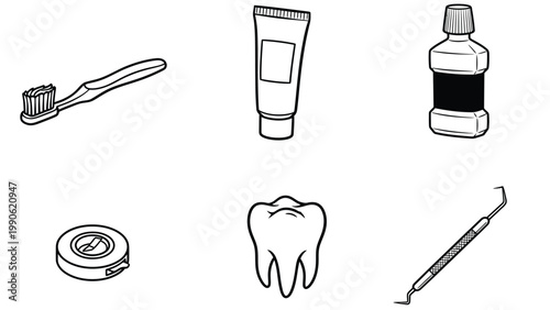 Dental Hygiene and Oral Care Outline Icons Set - Toothbrush, Toothpaste, Floss, Mouthwash, Tooth, and Dentist Tool