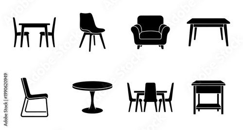 Modern furniture silhouette collection, 8 black interior design icons, minimalist home decor elements, dining table and chair vector set for floor plans
