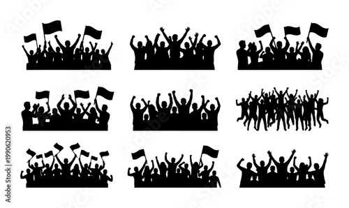 Cheering crowd silhouettes set, sports fans with flags and raised hands vector collection, concert audience and protest group silhouettes