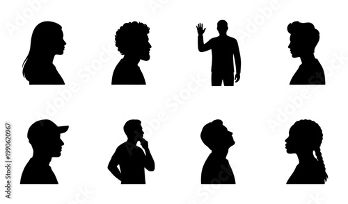 Minimalist people profile silhouettes, collection of 8 diverse human head and shoulder icons, black vector avatars for social media and web design