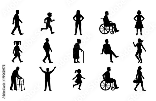 Diverse people silhouettes set, collection of 15 human figures in various poses, inclusive community icons including wheelchair users and elderly
