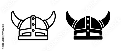 Viking helmet icon set with horns in outline and silhouette style