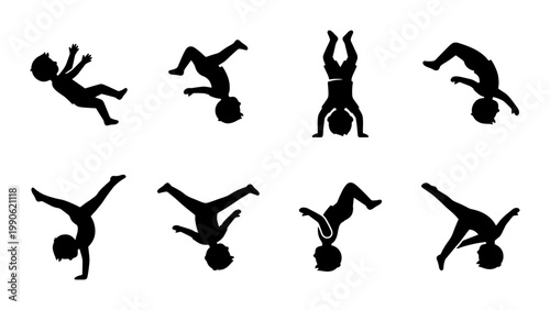 Active children silhouettes jumping and flipping, set of 8 vector icons, kids playing and doing gymnastics, black parkour and acrobatics figures