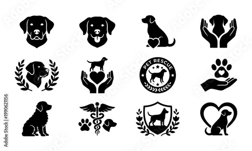Dog rescue and veterinary logo icons, set of 12 black silhouette pet care symbols, labrador retriever and puppy clinic branding elements