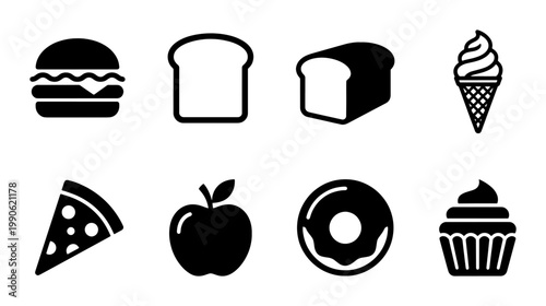 Minimalist food icon set, black solid vector symbols of fast food and snacks, 8 flat restaurant menu elements, simple cafe and bakery graphics