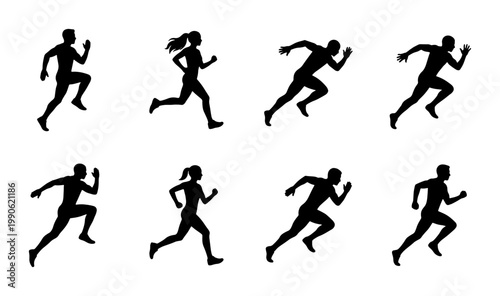 Running man and woman silhouette set, 8 athletic sprinter vector icons, black jogging and marathon runner figures for sports branding and fitness design