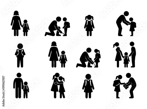 School student and parent icons set, black stick figure family vector, children with backpacks and parents preparing for education
