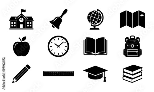 Black school icons set, 12 education vector symbols including globe and backpack, academic supplies and graduation elements for student learning