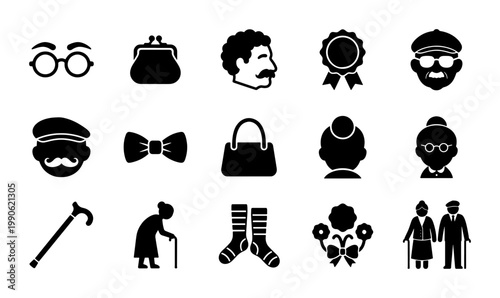 Elderly people and senior lifestyle icon set, 15 black vector silhouettes of grandparents and aging accessories, retirement and nursing home symbols